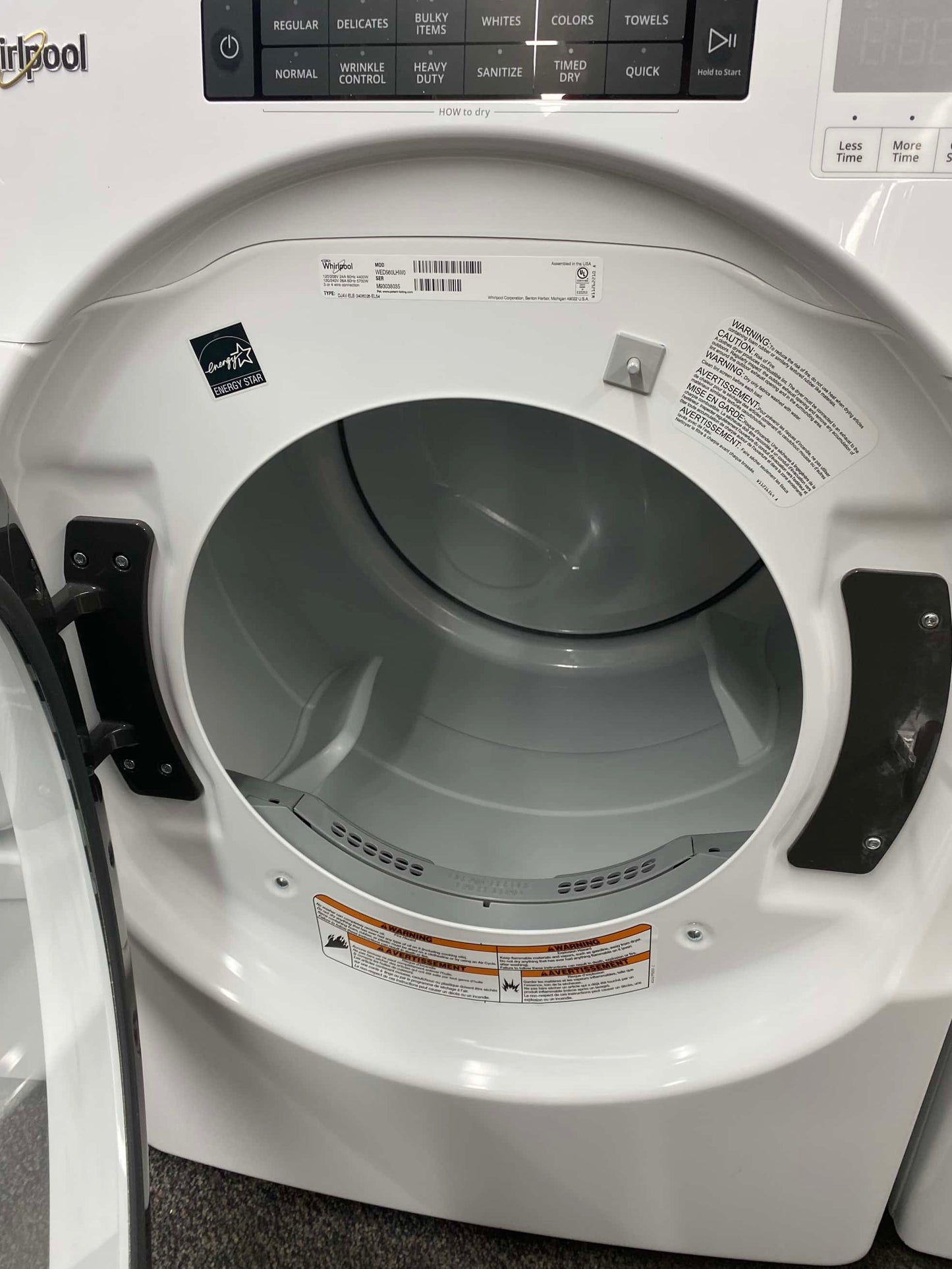 ITEM #ED296  Whirlpool electric dryer front load stackable white stainless steel Drum large capacity 27”