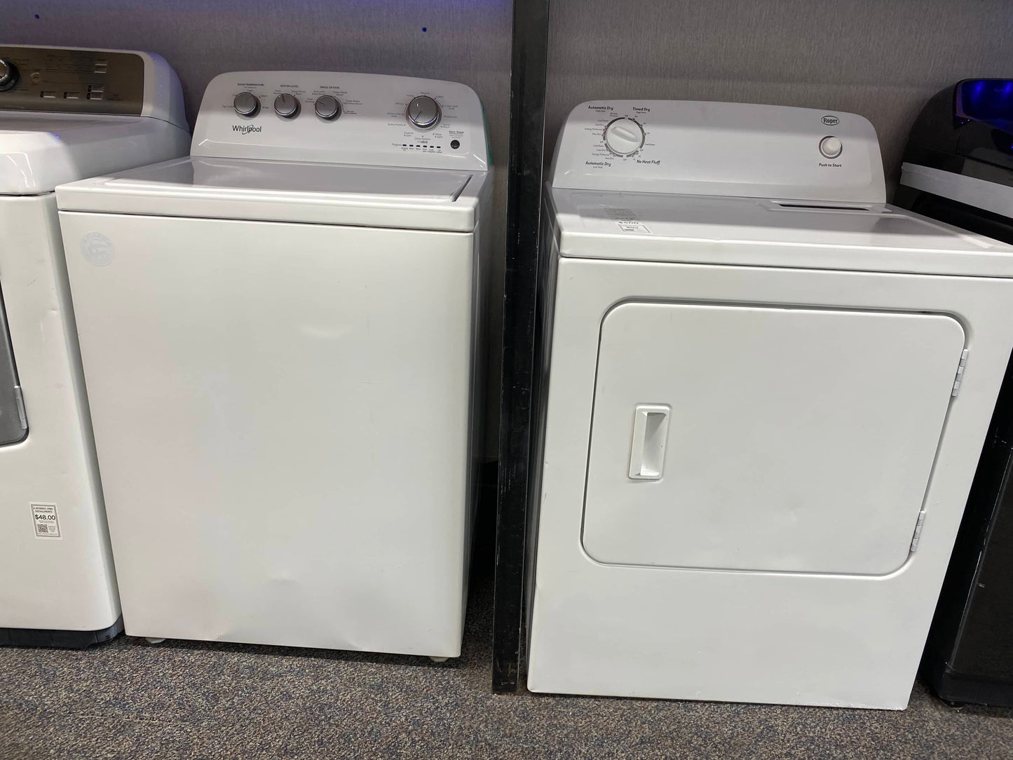 Item: WD9040 Whirlpool top load washing machine and Roper electric dryer set side x side 29”