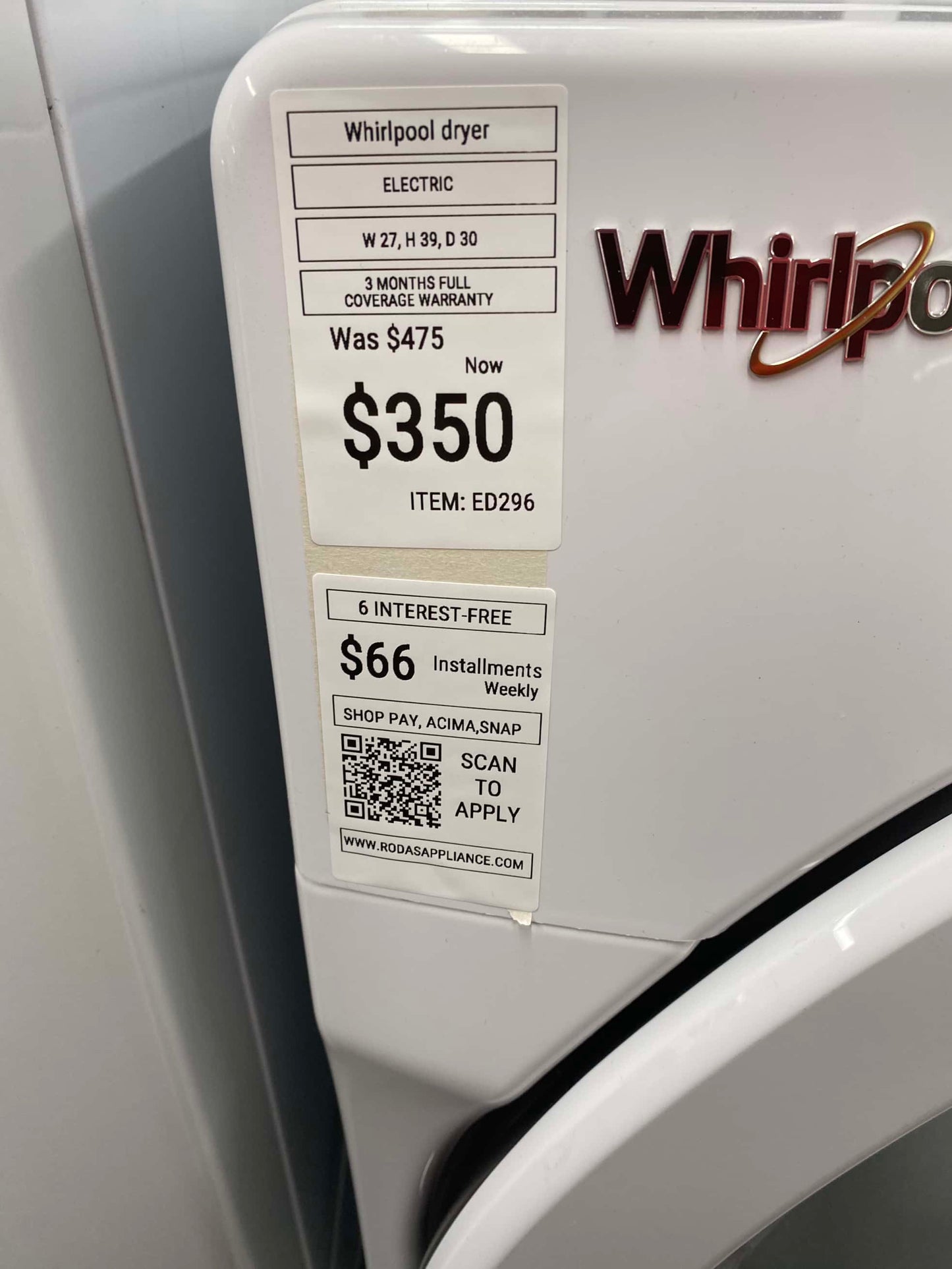 ITEM #ED296  Whirlpool electric dryer front load stackable white stainless steel Drum large capacity 27”