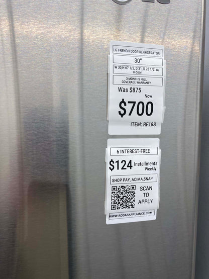 Item: #RF18S LG  French door refrigerator stainless steel w/water dispenser 30” in.