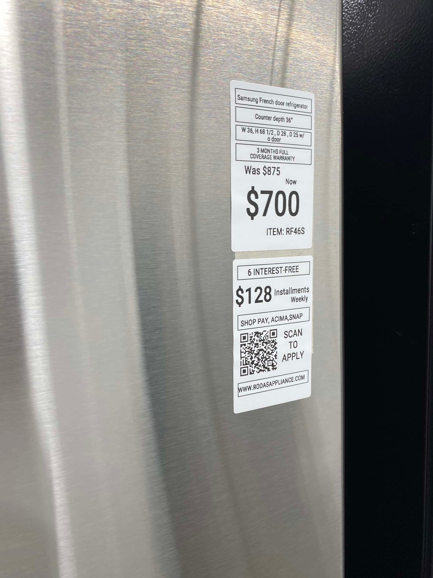 Item: #RF46S Samsung French door refrigerator counter depth stainless steel w/water ice dispenser 36 in.